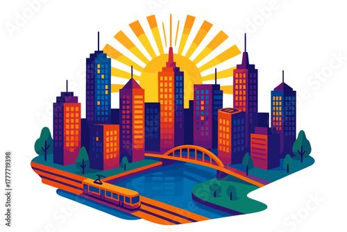 Vibrant City Skyline. Isometric vector illustration set Skyscraper silhouettes – downtown skyline at dawn, sunburst behind towers,