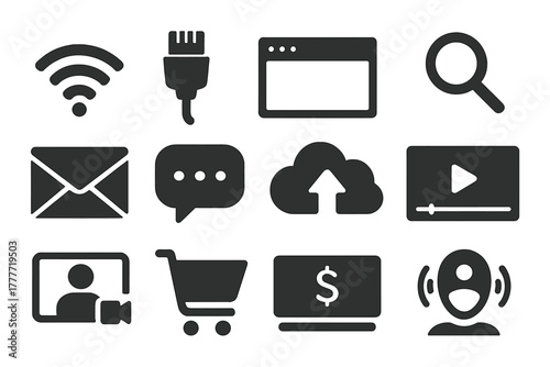 Online Technology Icons. Solid style icons of online technology: WiFi signal, ethernet cable, browser window, search magnifier,