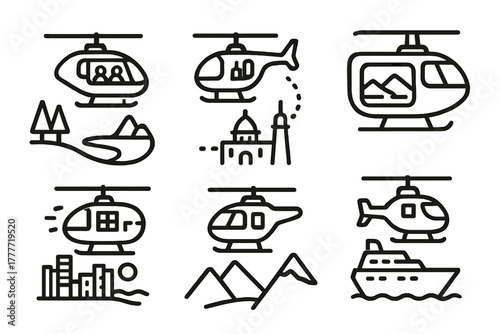 Flying Taxi Icons. Line style icons of flying taxis in tourism: aerial sightseeing cab, landmark flight route, scenic window icon,