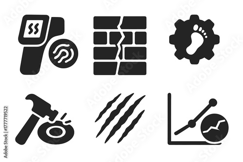 Ruin Diagnostics Icons. Solid style icons of ruin damage diagnostics: erosion scan glyph, wall crack icon, human mark trace badge.