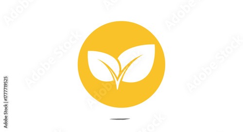 A stylized icon featuring two white leaves and a sprout design within a vibrant yellow circle, symbolizing nature, growth, and organic products.