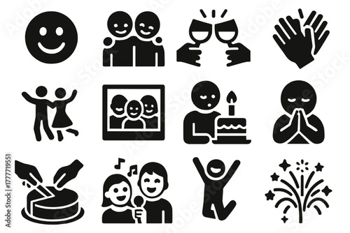 Joyful Celebration Icons. Solid style icons of happy moments: smiling face, hugging friends, clinking glasses, hand claps, dancing