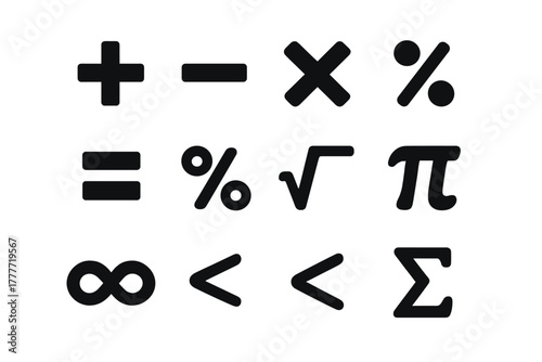 Math Symbols Icons. Solid style icons of Math symbols: plus sign, minus sign, multiplication sign, division sign, equal sign,