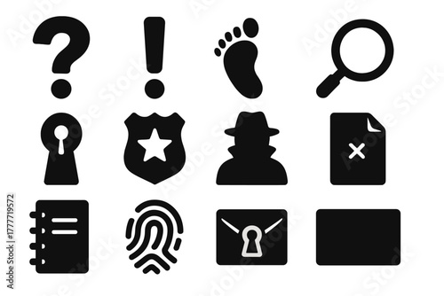 Detective Icon Set. Solid style icons of Detective symbols: question mark, exclamation mark, footprint, magnifying glass, keyhole,