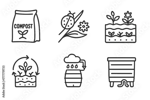 Regenerative Farming Icons. Line style icons of regenerative local farming: compost back icon, natural pest control, polyculture