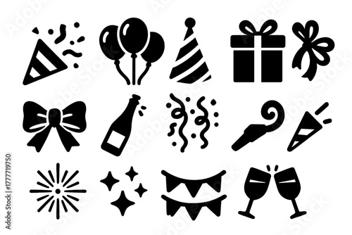 Celebration Icon Set. Solid style icons of celebration: confetti popper, balloon bunch, party hat, gift box, ribbon bow, champagne