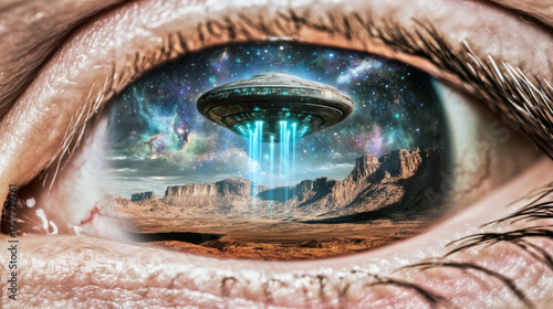 Closeup of human eye reflecting group of alien spaceships invading, conceptual background