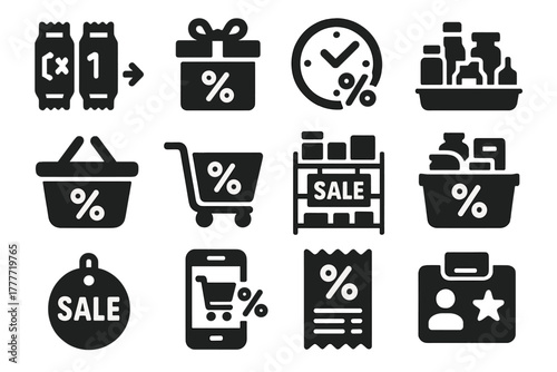 Shopping Promotion Icons. Solid style icons of shopping promotions: buy one get one, free gift box, limited offer clock, bundle