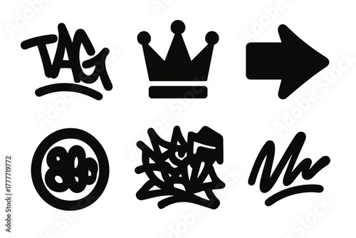 Graffiti Icon Set. Solid style icons of graffiti archetypes: tag letterform icon, crown glyph, arrow style badge. Bubble font ring