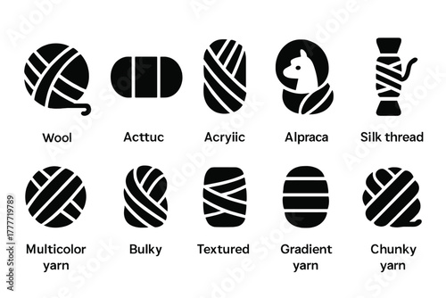 Yarn Icons Collection. Solid style icons of Yarn types: wool ball, cotton skein, acrylic yarn, alpaca yarn, silk thread,