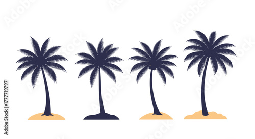 Four dark palm tree silhouettes standing on small patches of sand and ground, representing a tropical beach or summer vacation.