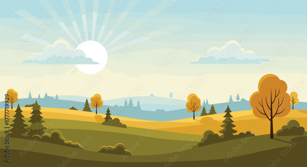 Obraz premium Autumn landscape with rolling hills, coniferous and deciduous trees, and a bright sun in the sky with clouds.