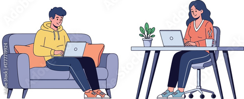 Man and woman working remotely on laptops