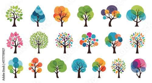 A collection of various stylized colorful tree illustrations representing nature, growth, and seasons.