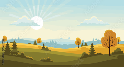 Autumn landscape with rolling hills, coniferous and deciduous trees, and a bright sun in the sky with clouds.