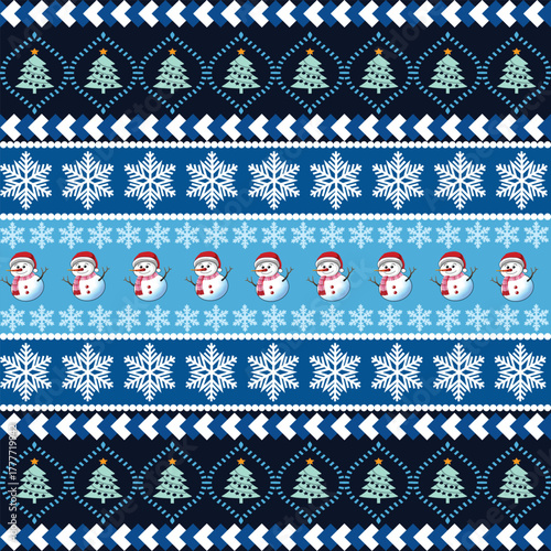 Festive seamless pattern featuring cute snowmen, Christmas trees, and snowflakes in blue winter tones. Perfect for holiday wrapping paper, textiles, and greeting cards