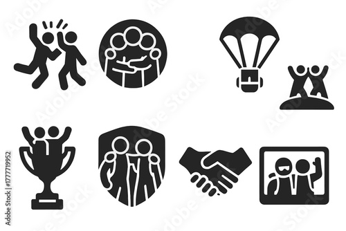 Celebration Icons. Solid style icons of celebration and post-jump camaraderie: mid-air high five icon, group hug badge, parachute