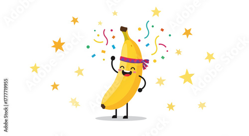 Joyful Banana Character Celebrating With Confetti And Bright Stars On White Background