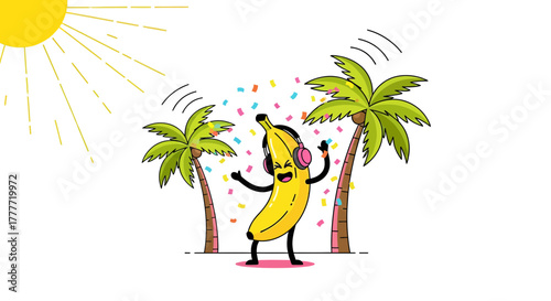 Joyful Banana Character Enjoying Music and Dancing Near Palm Trees Under Sunny Skies
