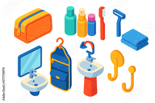 Travel Toiletries Essentials. Isometric vector illustration set Travel gear – toiletry bag, travel bottles, refillable containers;
