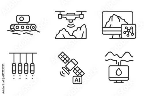 Glacial Tech Innovations. Line style icons of technological innovation in glacier study: robot crawler on ice, drone with ice