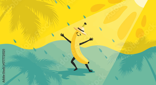 Joyful Banana Personifies Vacation Vibes, Delightfully Dancing in Tropical Sunshine