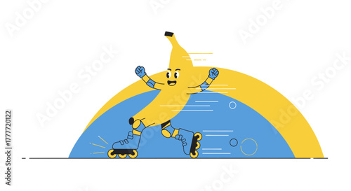 Joyful Banana On Roller Skates Illustrative Cartoon In Motion Against a Colorful Background