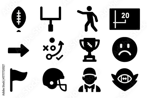 Football Icon Set. Solid style icons of Football symbols: touchdown icon, field goal icon, penalty icon, yard line icon,