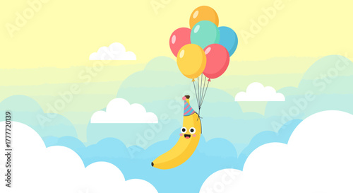 Joyful Banana Soaring Through The Sky with Colorful Balloons and Celebrating A Party