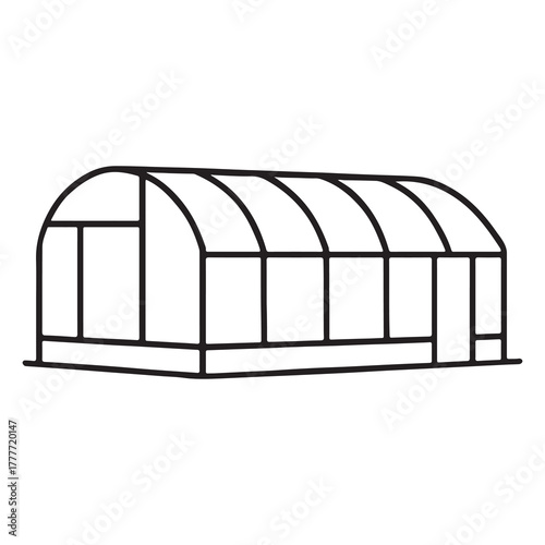 Simple outline drawing of a rectangular greenhouse with a curved roof and two doors