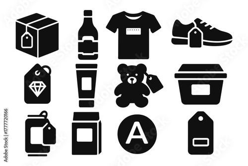 Iconic Packaging Designs. Solid style icons of packaging and branding: box with tag, bottle label, clothing stitched tag, shoe tag