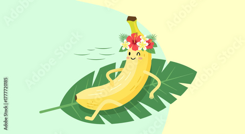 Joyful Banana Wearing Floral Crown Relaxing On Leaf In Tropical Paradise Setting