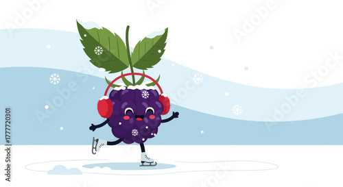 Joyful Blackberry Character Gliding on Ice With Ear Muffs And Snowflakes Around