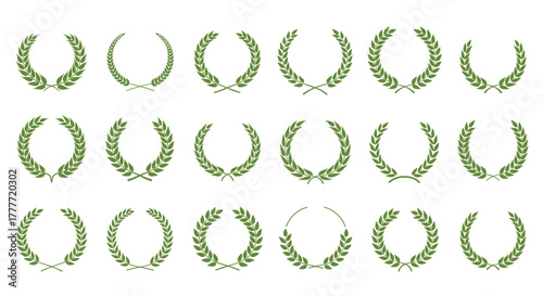 A collection of green laurel wreaths in various styles, symbolizing victory, achievement, and excellence, isolated on a white background.