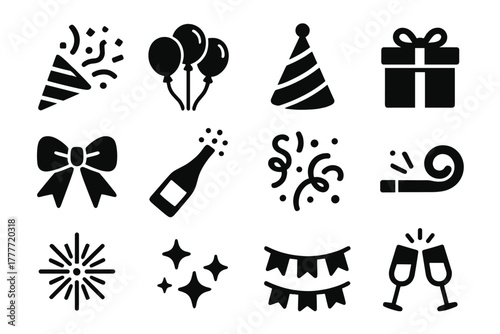Celebration Icon Set. Solid style icons of celebration: confetti popper, balloon bunch, party hat, gift box, ribbon bow, champagne