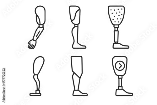 Prosthetic Design Icons. Line style icons of prosthetic aesthetic trends: glossy minimalist arm, earth-tone leg panel, textured