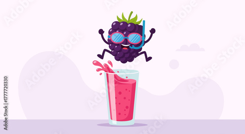 Joyful Blackberry Character in Snorkel Gear Leaping Into a Glass of Juice