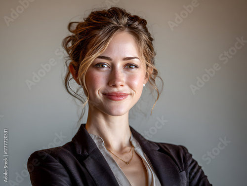 woman in formal attire smiling confidently at