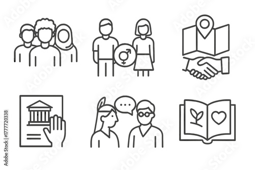 Cultural Sensitivity Icons. Line style icons of cultural sensitivity and inclusion: diverse student group icon, gender-balanced