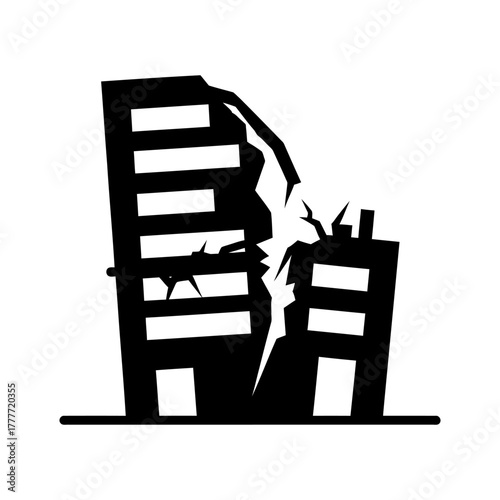 Black Silhouette Icon of Collapsing Buildings with Jagged Cracks