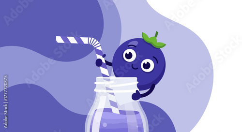 Joyful Blueberry Cartoon Character Enjoys a Refreshing Drink on Swirls Background