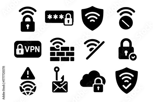 Secure WiFi Icons. Solid style icons of security WiFi: lock WiFi, password protected, shield WiFi, VPN secured, firewall signal,