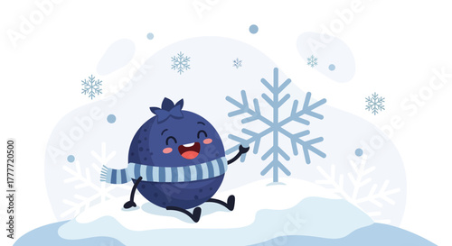 Joyful Blueberry Welcoming Winter Season With a Smiling Face and Snowflake Delight