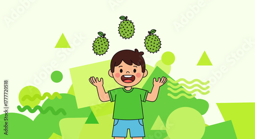 Joyful Boy Balancing Durian Fruit Using His Hands Within A Vibrant Green Backdrop