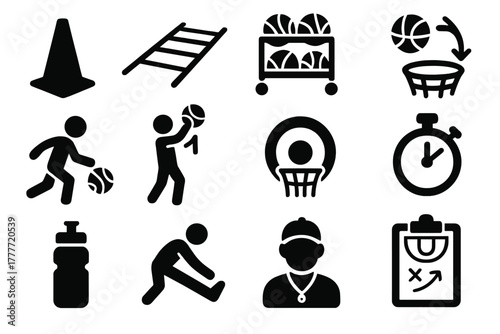 Basketball Training Essentials. Solid style icons of Training and practice: basketball cone, agility ladder, ball rack, shooting