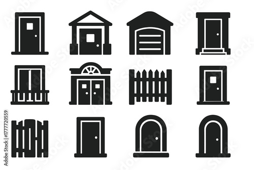 Solid House Icons. Solid style icons of House exteriors: front door, porch entrance, garage door, garden gate, balcony door, main