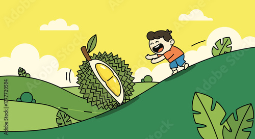 Joyful Boy Chasing a Rolling Durian Fruit Down a Lush Green Hillside