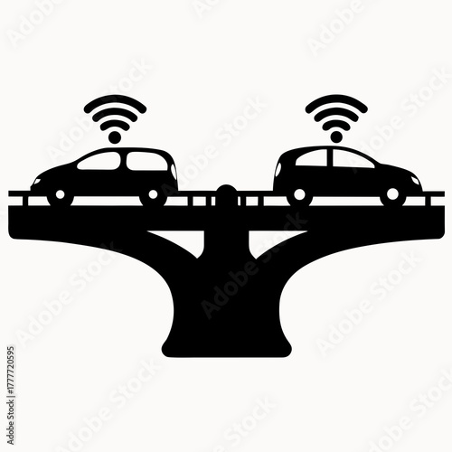 Two autonomous vehicles with wifi signals on a bridge with a split road in black and white design