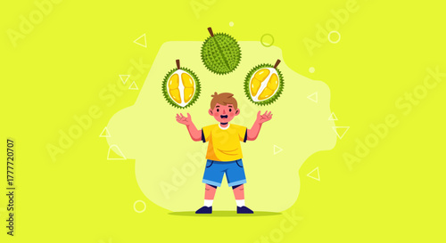 Joyful Boy Juggling Durian Fruits: A Vibrant Depiction Of Exotic Delight
