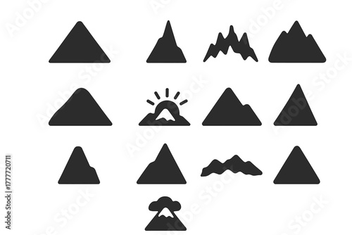 Iconic Mountain Silhouettes. Solid style icons of peaks: highest summit, pointed pinnacle, jagged ridge, silhouette peak, sunrise